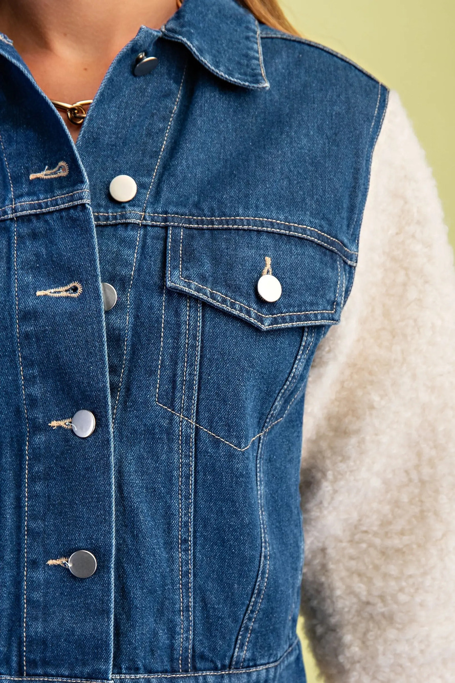TG-1900 | Gigio Denim Jacket | Sherpa Sleeves | Dark Wash | Sizes S-L - Picture 2 of 5